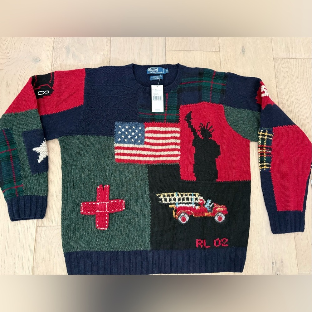 NEW Polo Ralph Lauren Flag Patchwork 100% Wool Sweater Tribute 9-11 Sz XL NWT